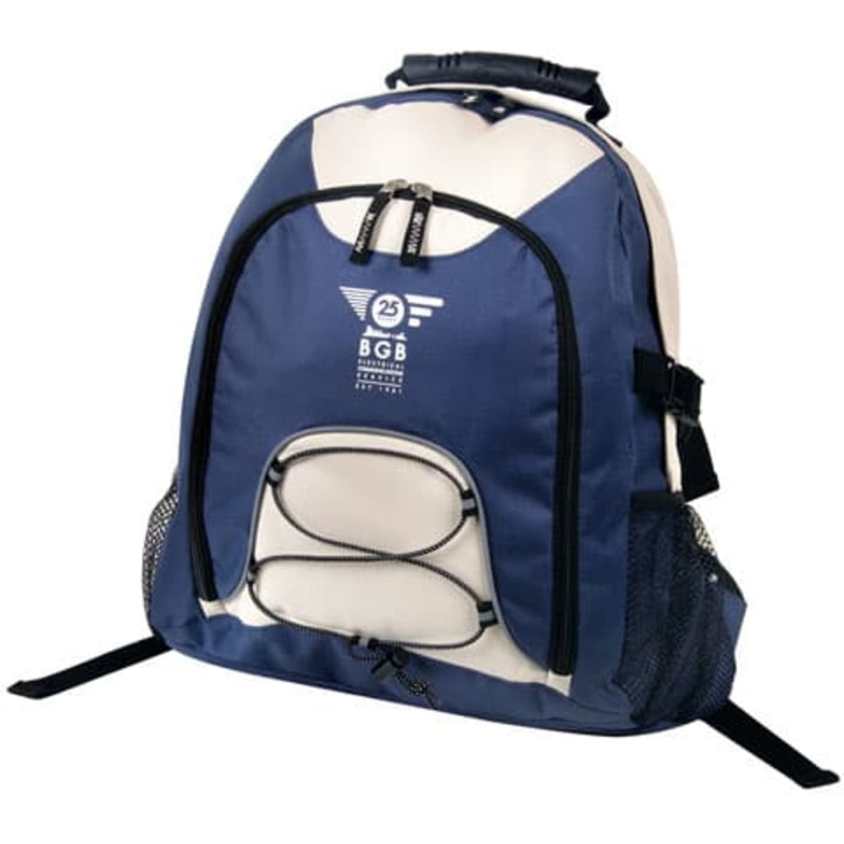 A navy and cream backpack with a logo, featuring adjustable straps and mesh side pockets.