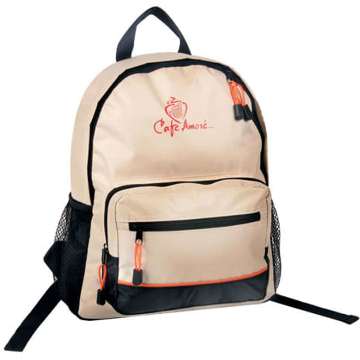A beige backpack with black accents and orange details, featuring a front pocket and mesh side pockets.