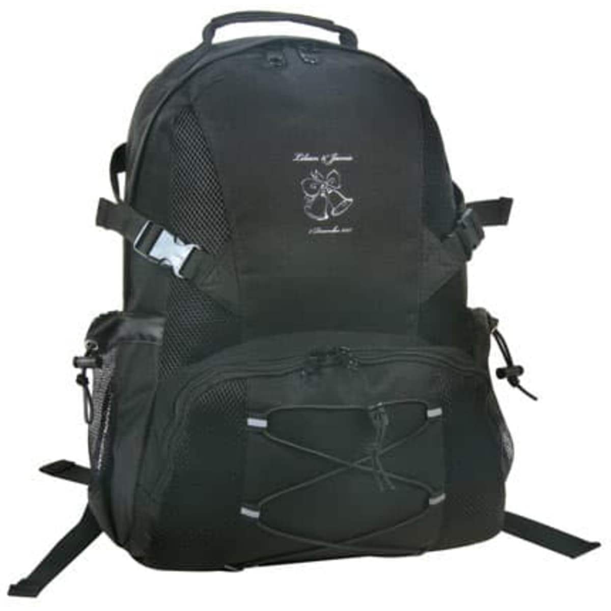A black backpack featuring multiple compartments, adjustable straps, and a logo on the front.