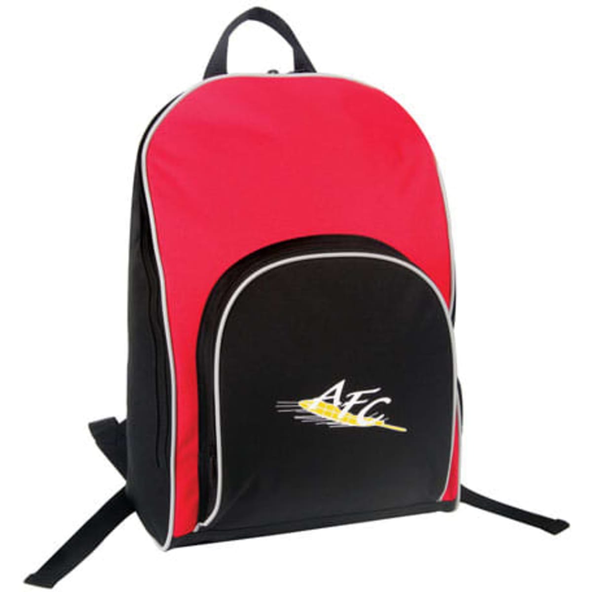 A red and black backpack featuring a front pocket and a logo, with adjustable shoulder straps.