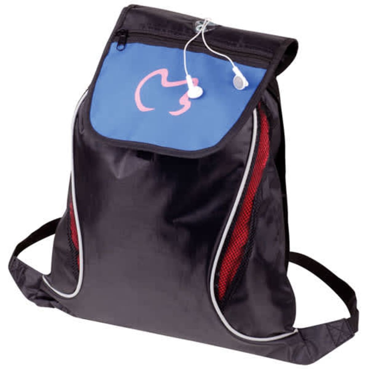 A black drawstring backpack with a blue flap and mesh side pockets, featuring a logo on the front.