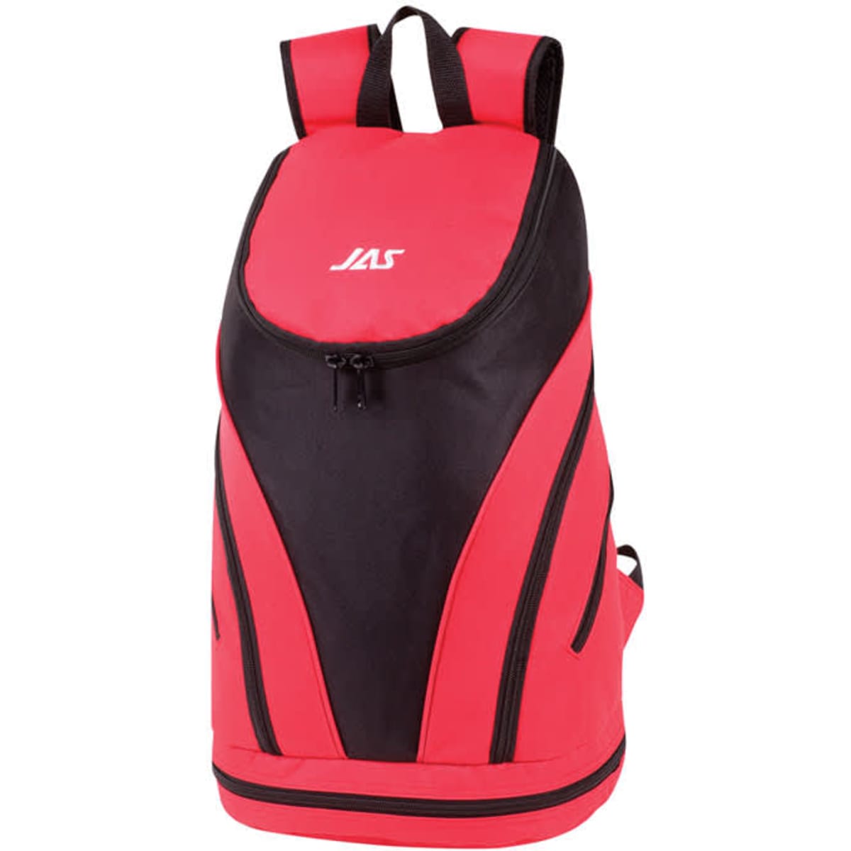 A red and black backpack with a sleek design and zippered compartments, featuring a logo on the front.