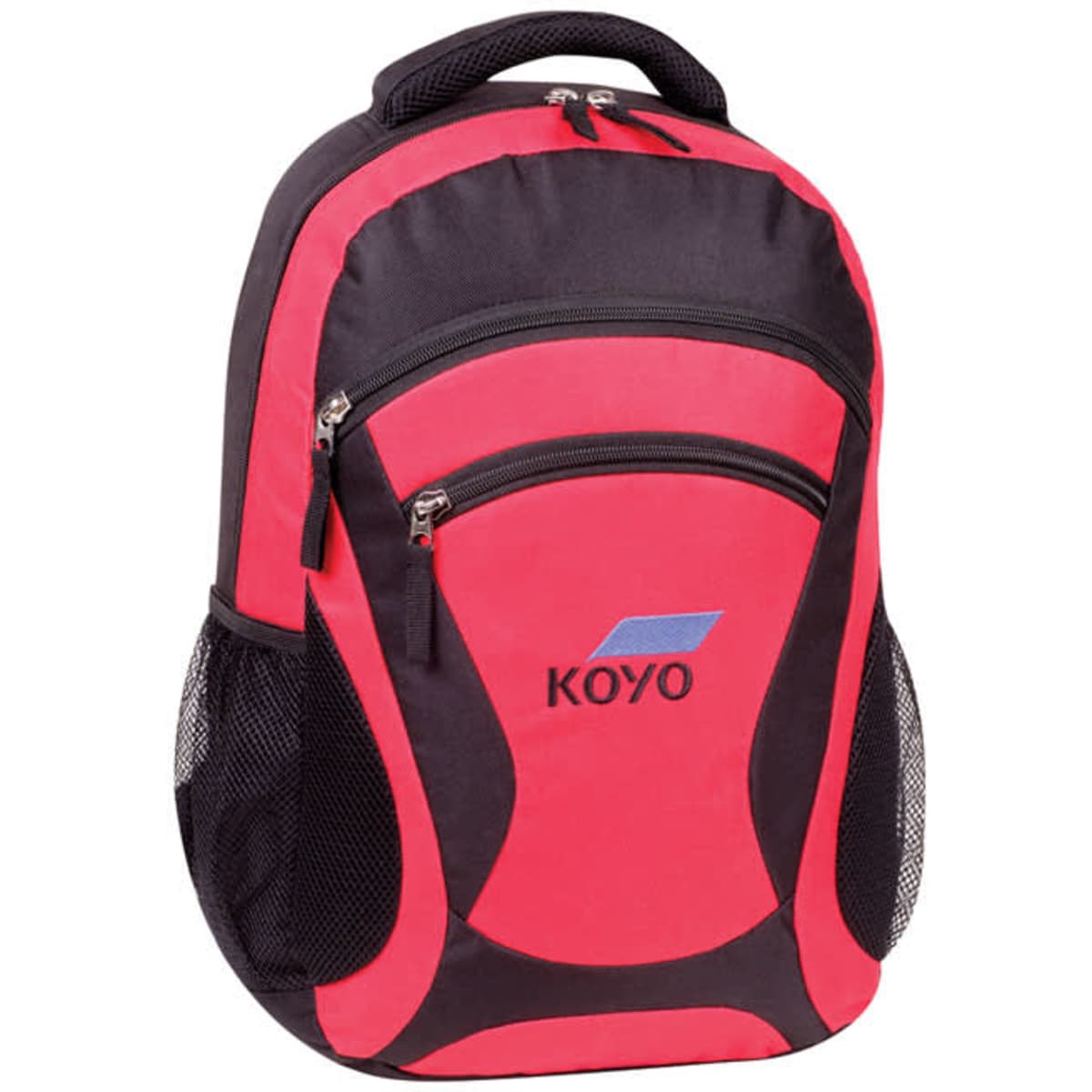 A red and black backpack with two zippered compartments and mesh side pockets, featuring a logo on the front.