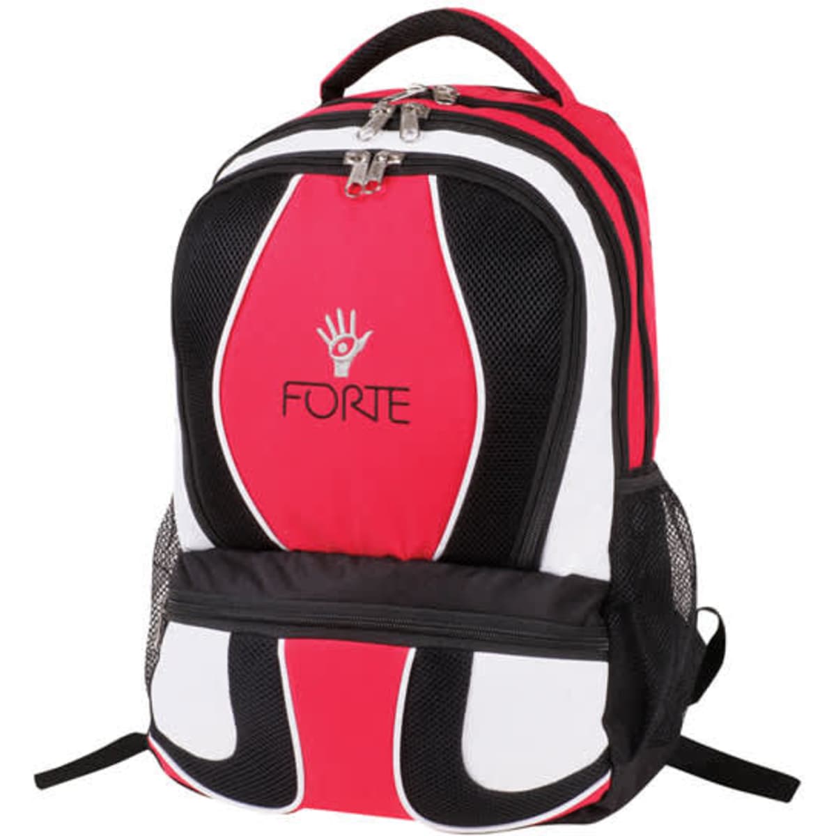 A red, white, and black backpack with a logo, featuring mesh side pockets and adjustable straps.