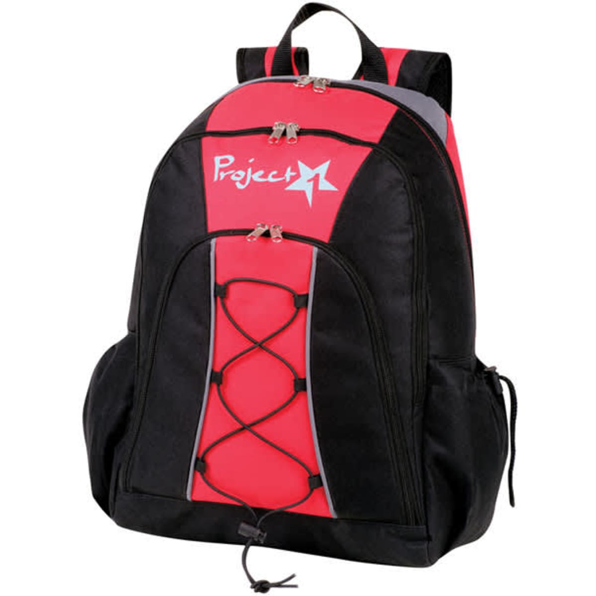 A black and red backpack featuring a logo and elastic cord detail on the front.