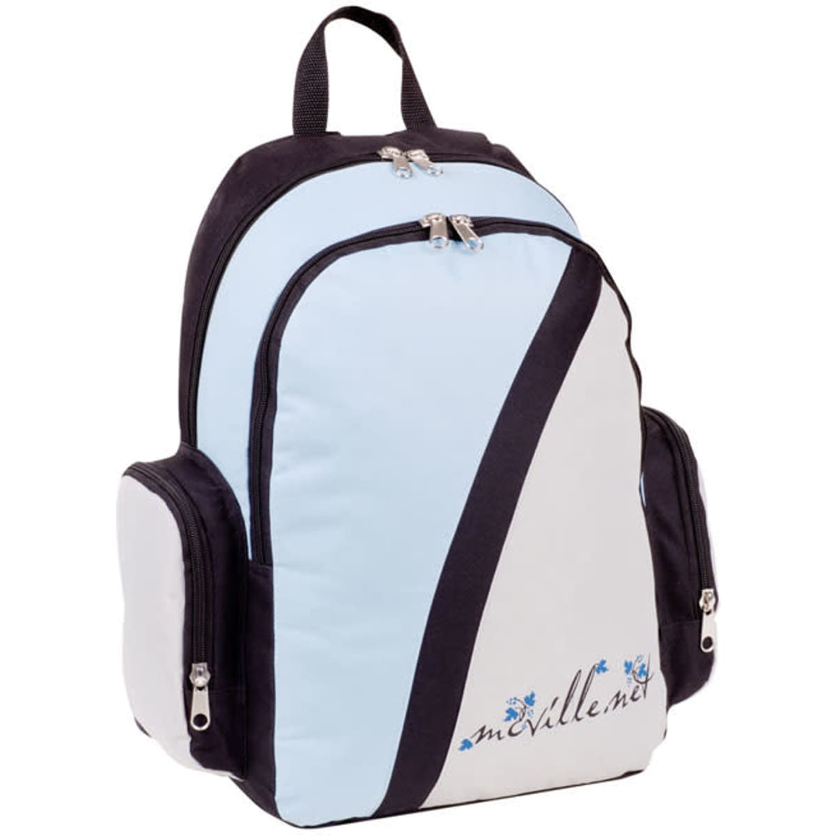 A backpack featuring a light blue and black design with multiple compartments and a logo.