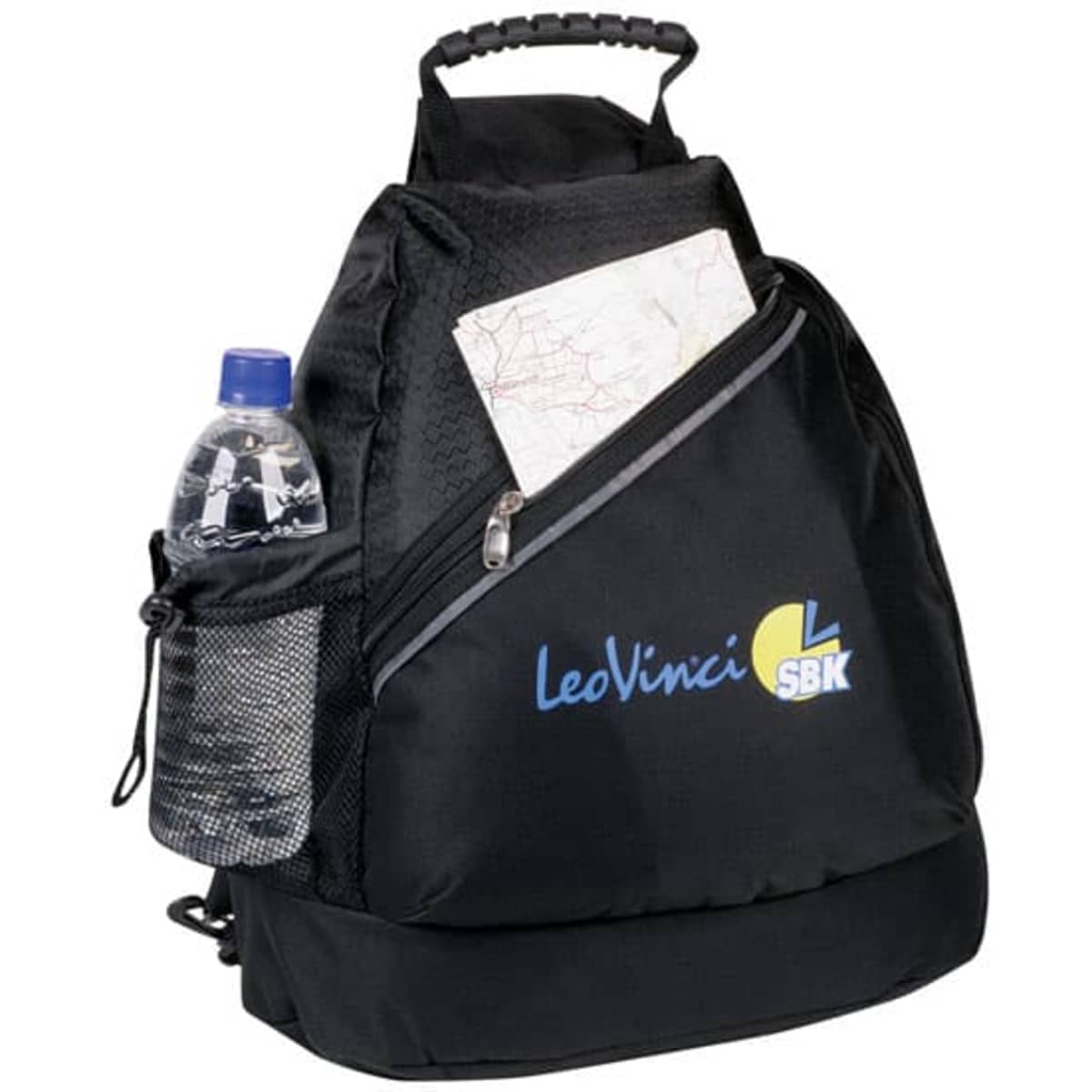 A black backpack featuring a side pocket with a drink bottle and an exterior pocket with a map. It has a logo.