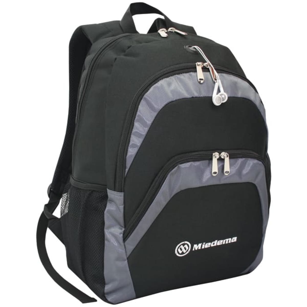 A black and grey backpack features multiple compartments and a side mesh pocket, with a logo on the front.