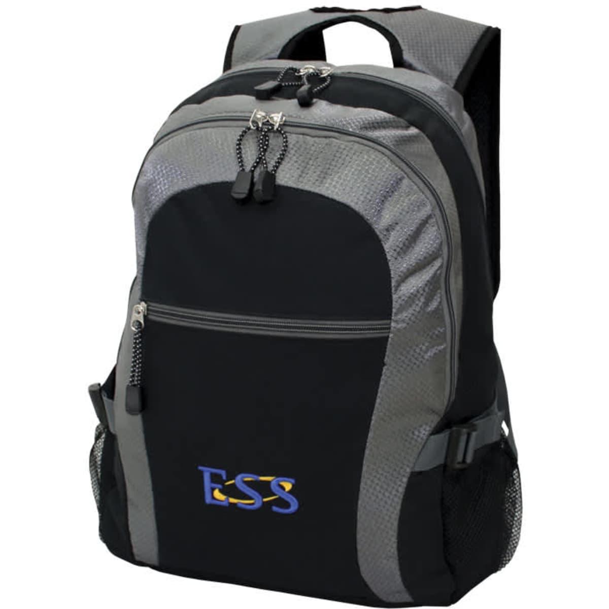 A backpack in black and grey with a logo on the front and zippered pockets. Mesh side pockets are included.