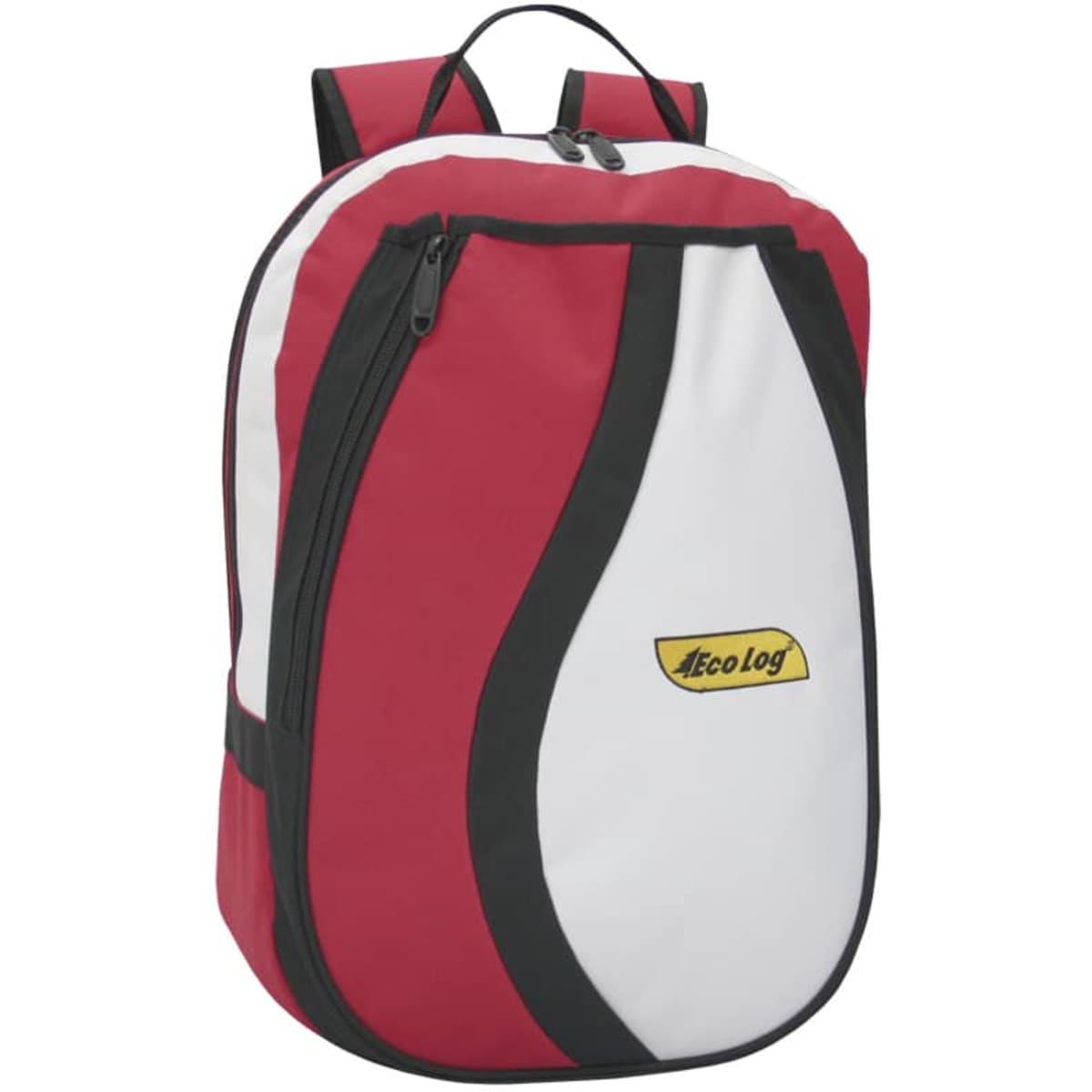 A red and white backpack with black accents and a logo on the front.