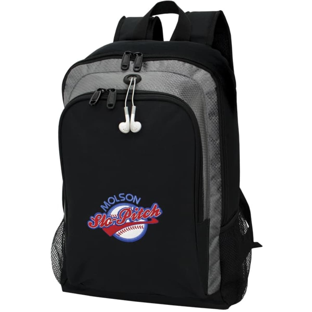 A black and grey backpack featuring a logo, with mesh side pockets and earphone clips.