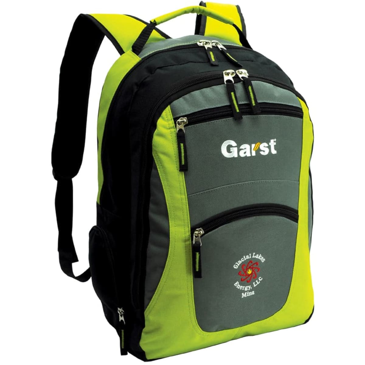A black and lime green backpack with multiple pockets and a logo. Features adjustable straps and a durable design.