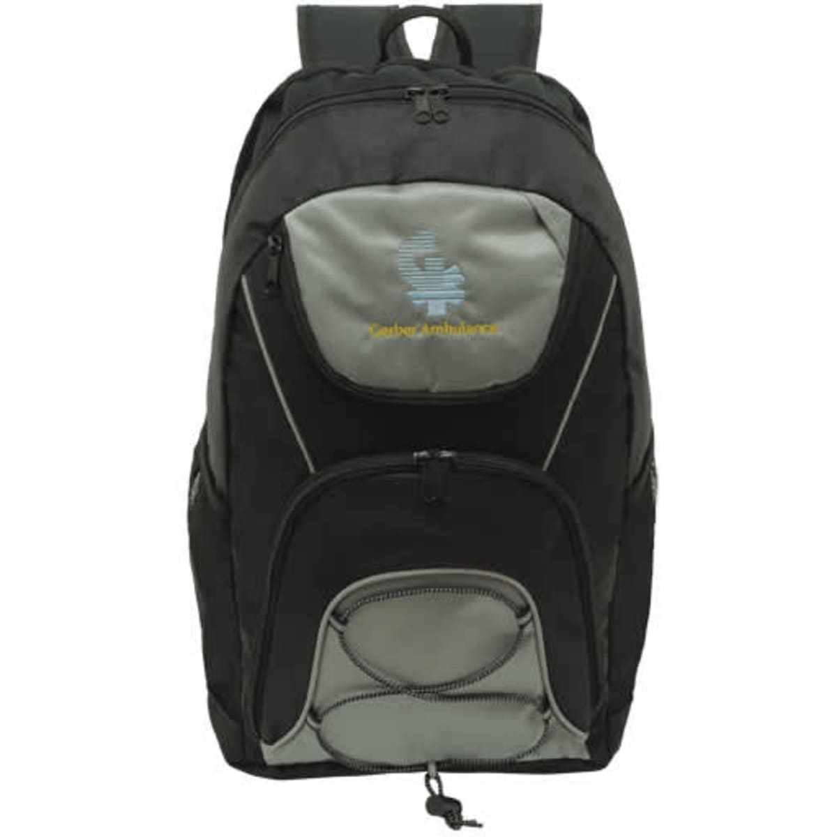 A black and grey backpack with a logo, featuring multiple compartments and adjustable straps.