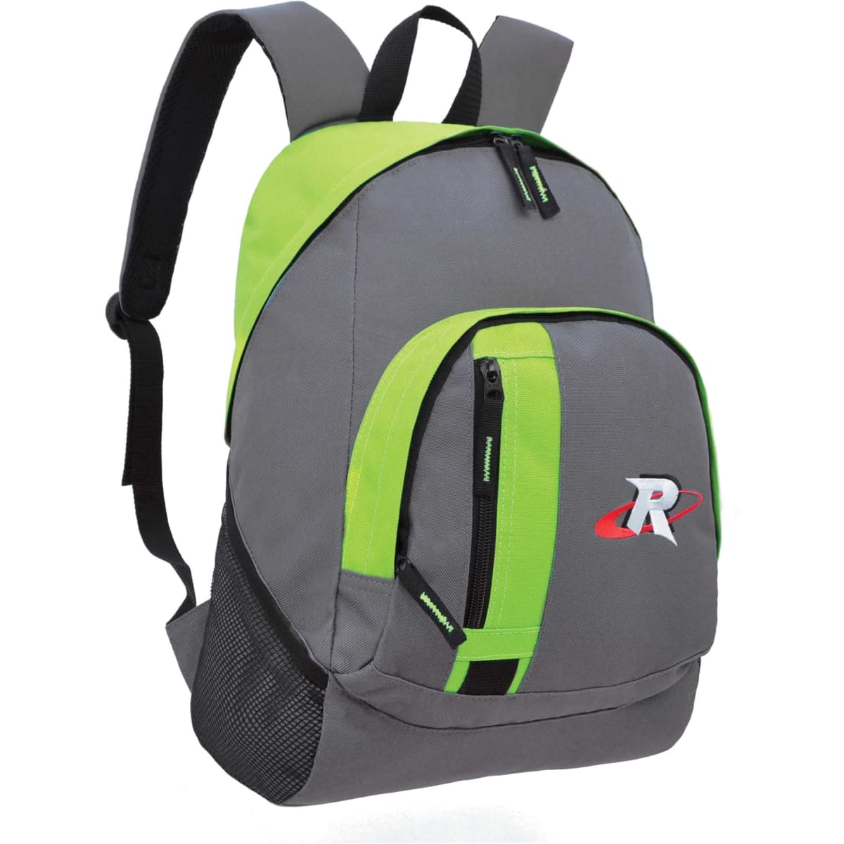 A grey and lime green backpack with multiple zippered compartments and a logo.