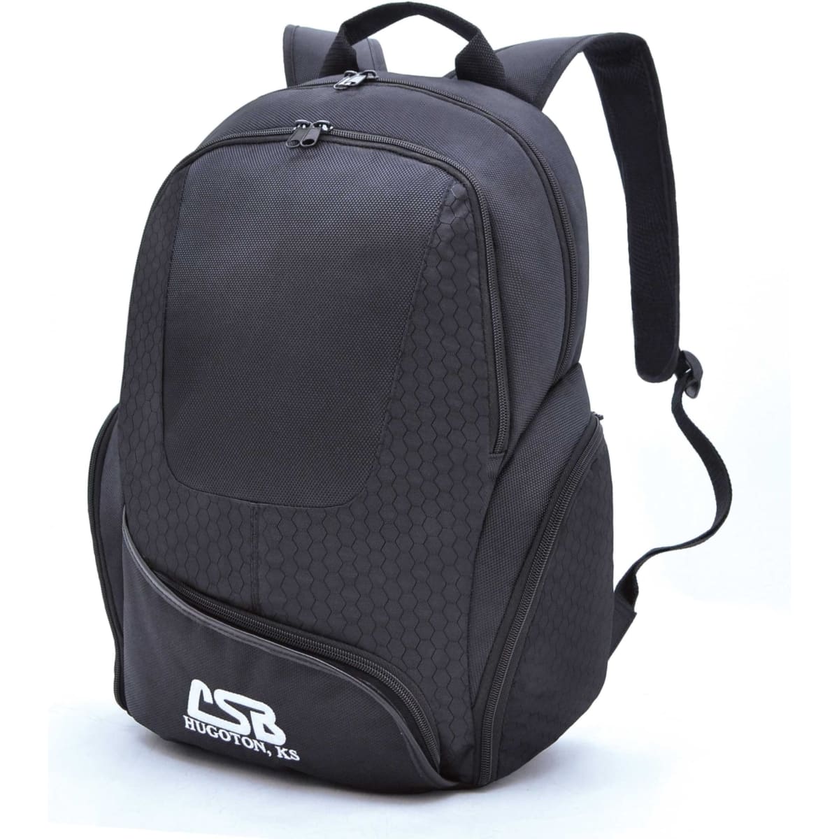 A black backpack with a textured surface, featuring multiple compartments and a logo on the front.