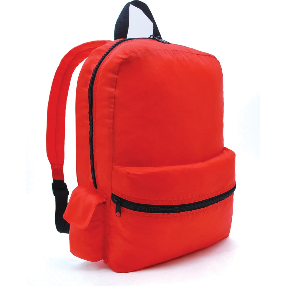 A bright red backpack with a front zip pocket and adjustable straps. It features a simple and minimalistic design.
