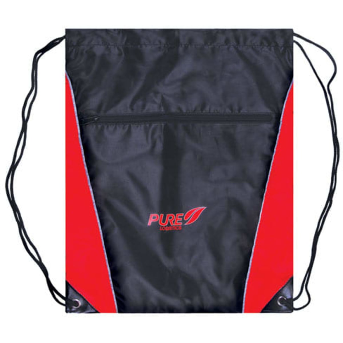 A black and red drawstring bag features a zippered pocket and a logo.