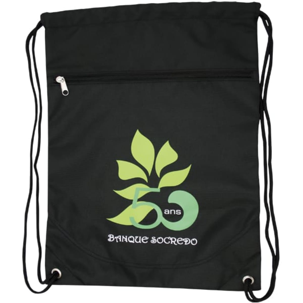 A black drawstring bag featuring a green leaf design and a zippered pocket. It has a logo and text.