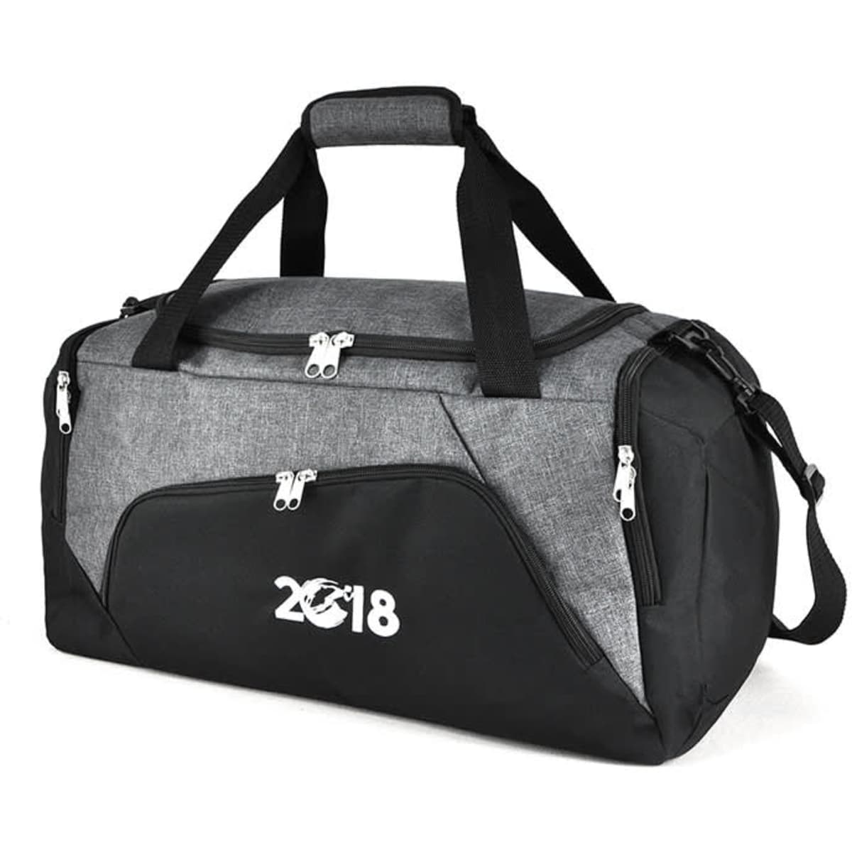 A grey and black duffle bag with zippers and a logo, featuring a detachable shoulder strap and hand grips.