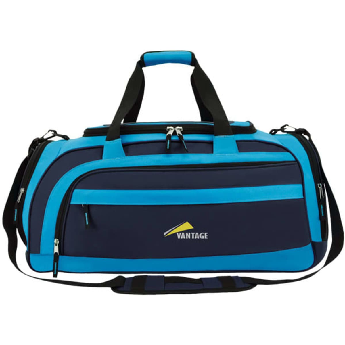 A duffle bag in navy blue and turquoise, featuring multiple compartments and a logo on the side.