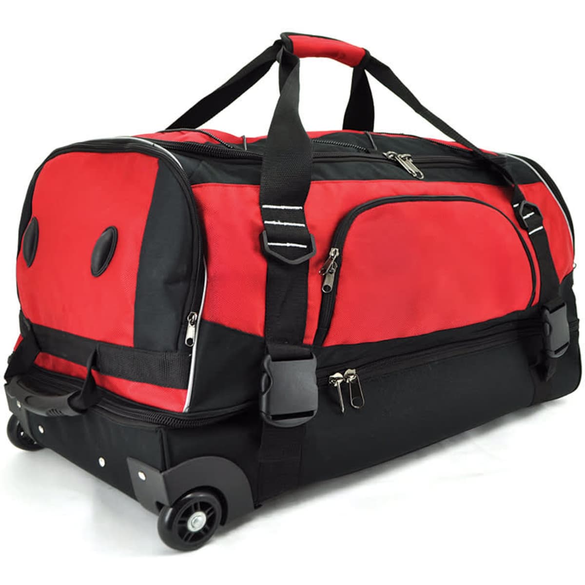 A wheeled travel bag in red and black, featuring multiple compartments and zippers, with a logo on the side.