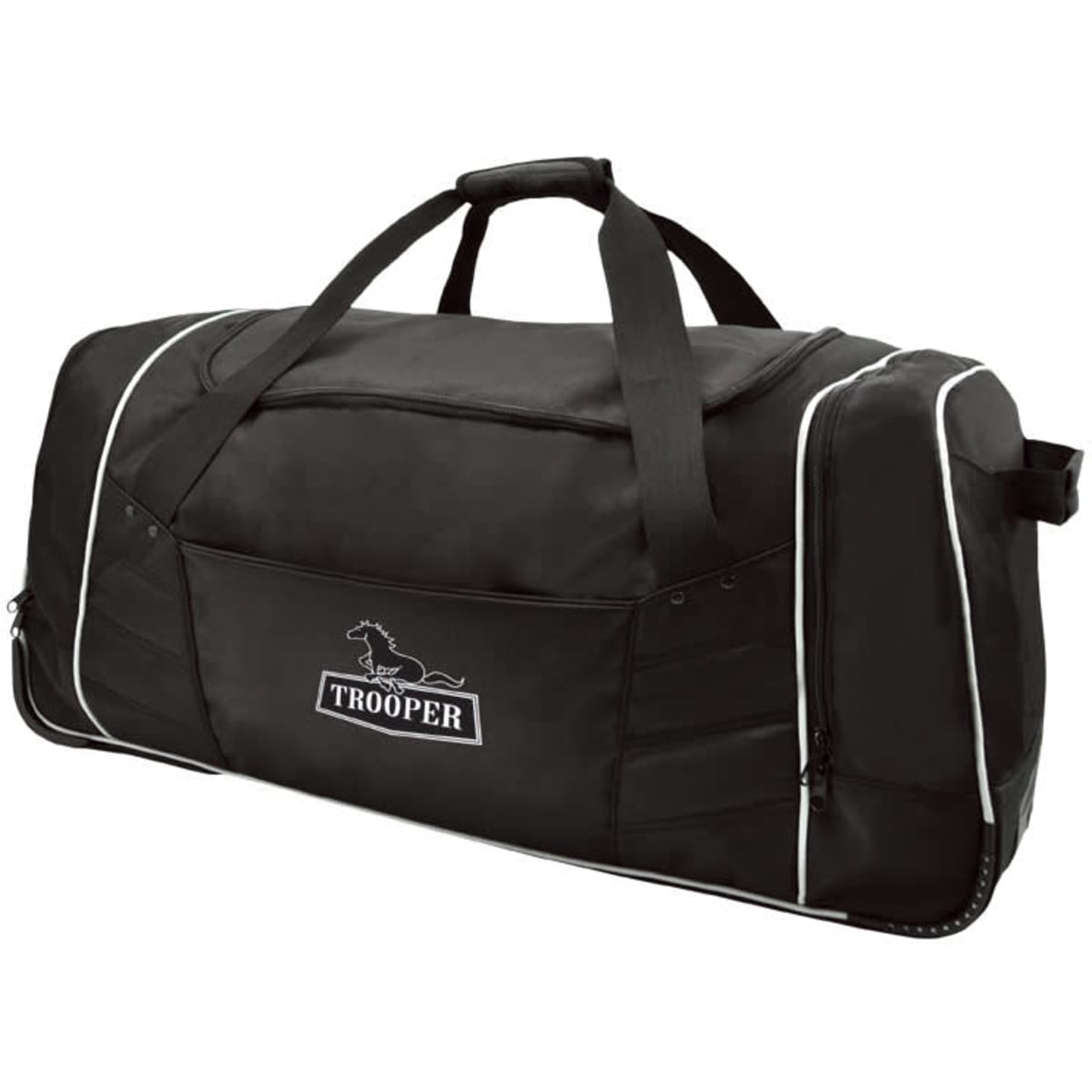 A wheeled travel bag in black with white accents, featuring handles and a logo.