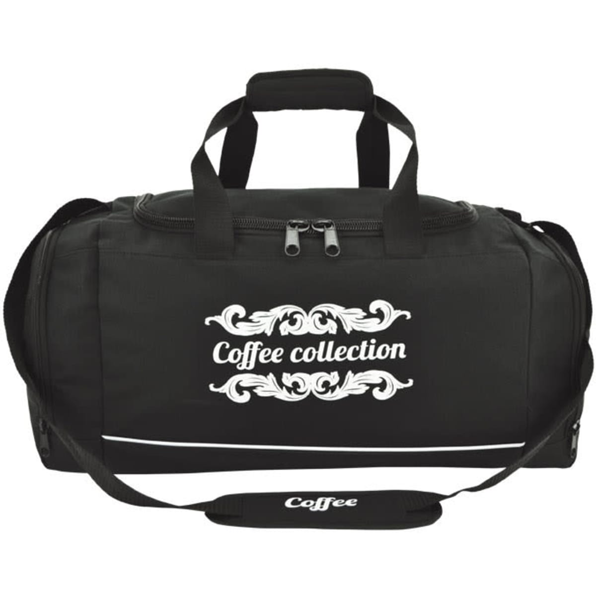 A black duffle bag with a decorative white logo, featuring two handles and a detachable shoulder strap.
