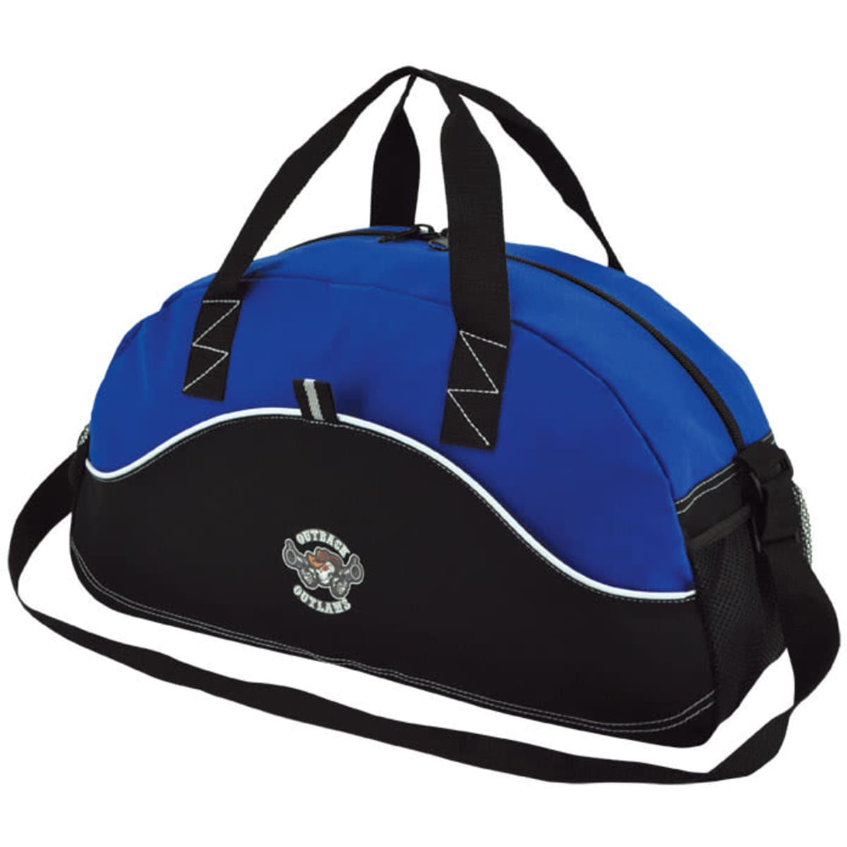 A blue and black duffle bag with a slim design and a logo on the front, featuring sturdy handles and a shoulder strap.