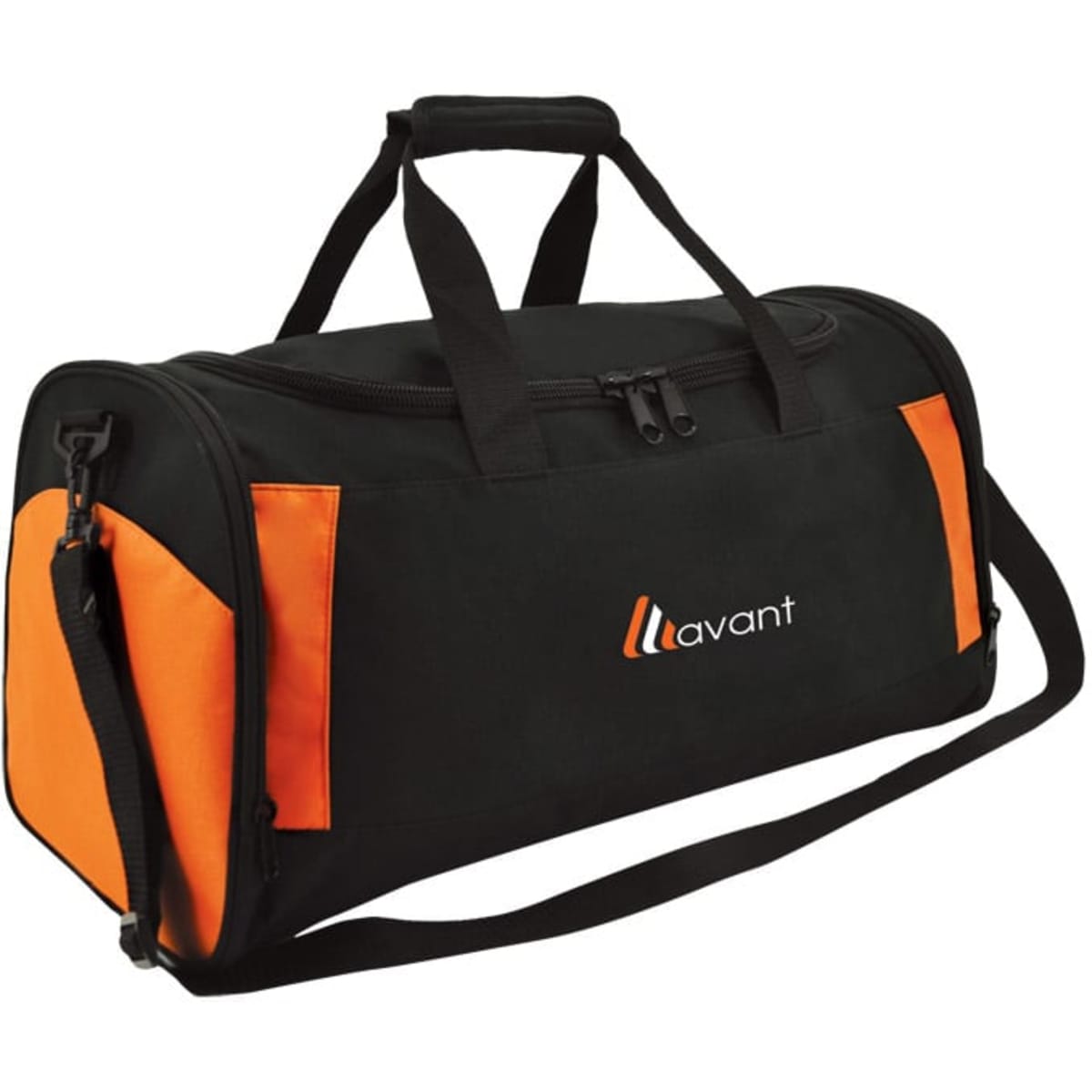 A black and orange duffle bag with handles and a shoulder strap, featuring a logo.