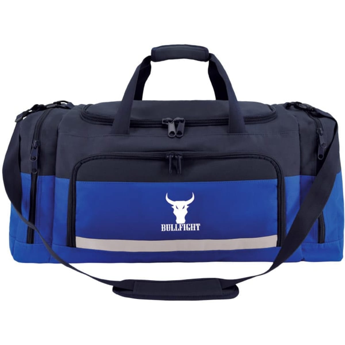 A black and blue duffle bag with multiple compartments and a logo on the front. Adjustable shoulder strap included.