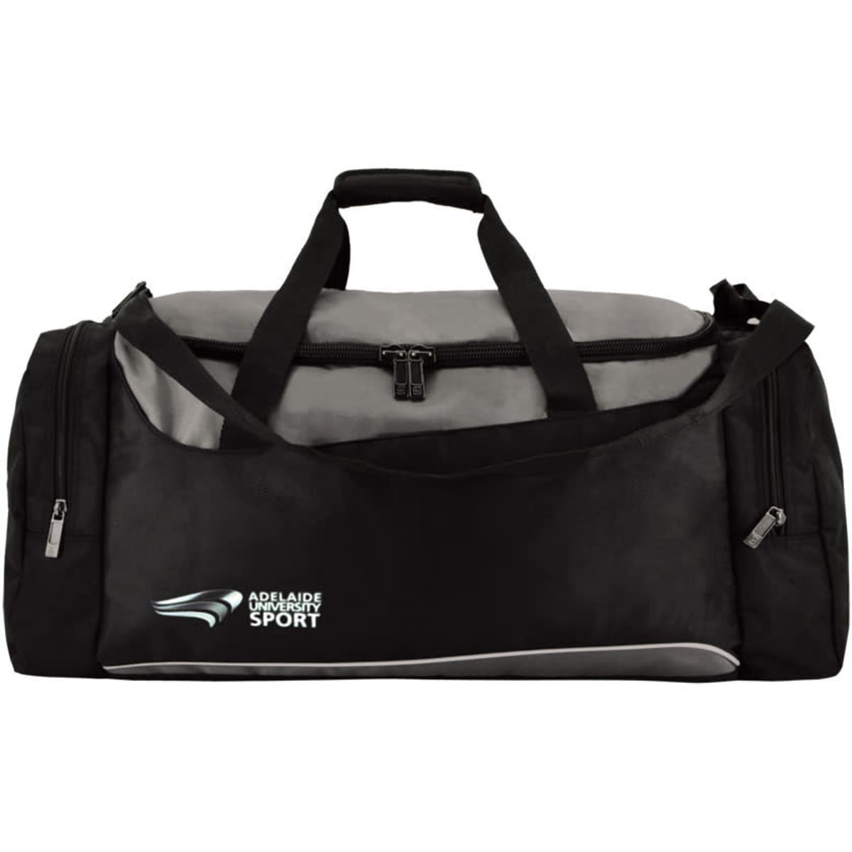 A black and grey duffle bag with a zippered top and carrying handles, featuring a logo.