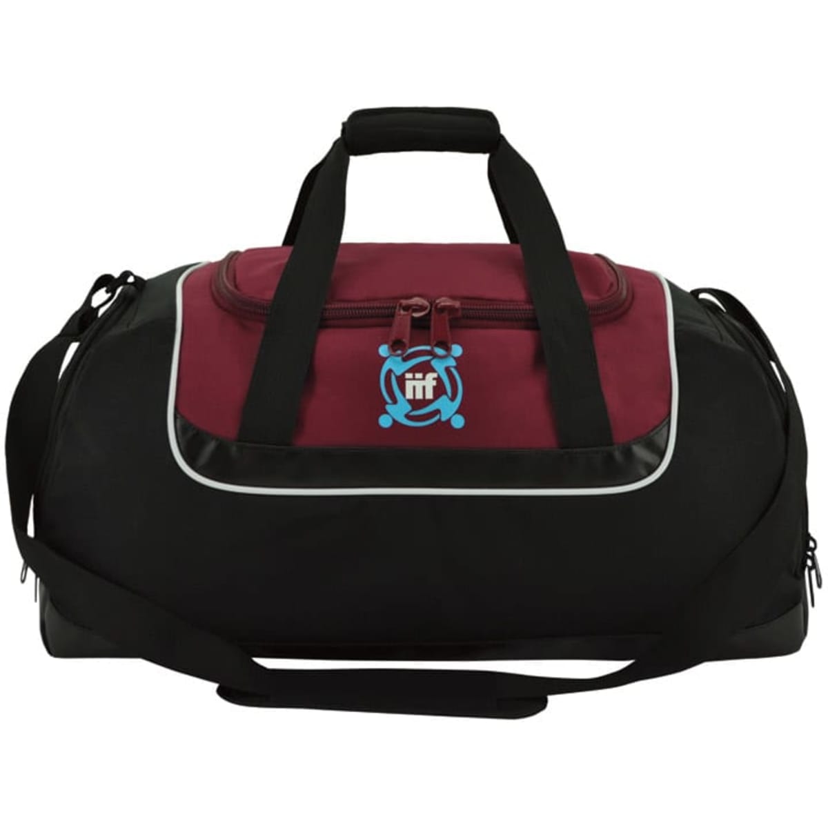 A maroon and black duffle bag with a zip closure and a logo on the front. Features dual handles for carrying.