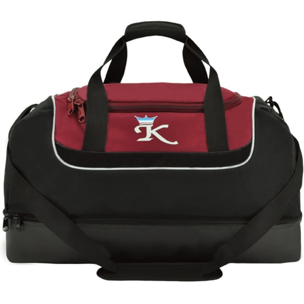 A black and burgundy sports duffle bag with dual handles and a logo on the front.