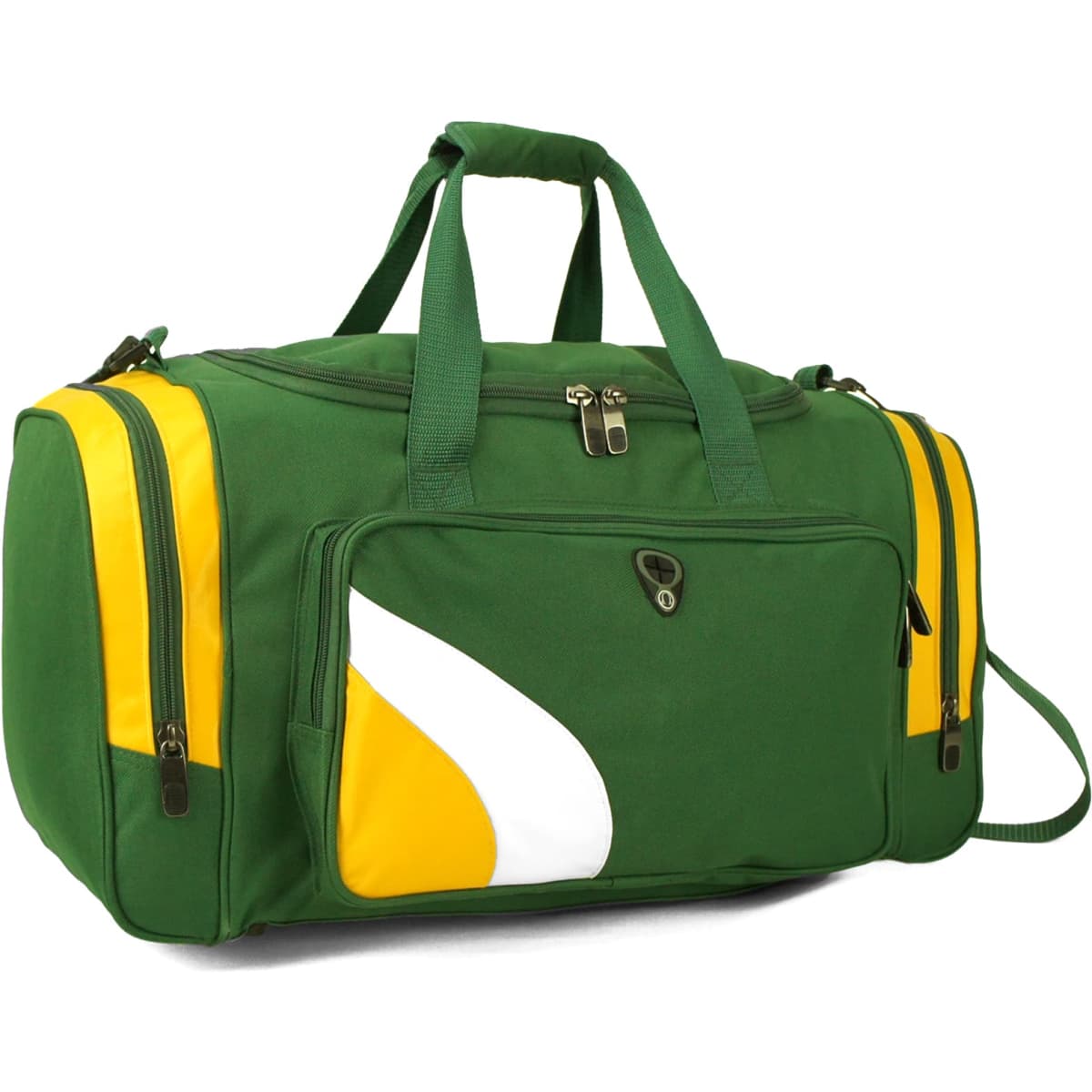 A green duffle bag with yellow accents and a white design, featuring multiple zipped compartments and handles.