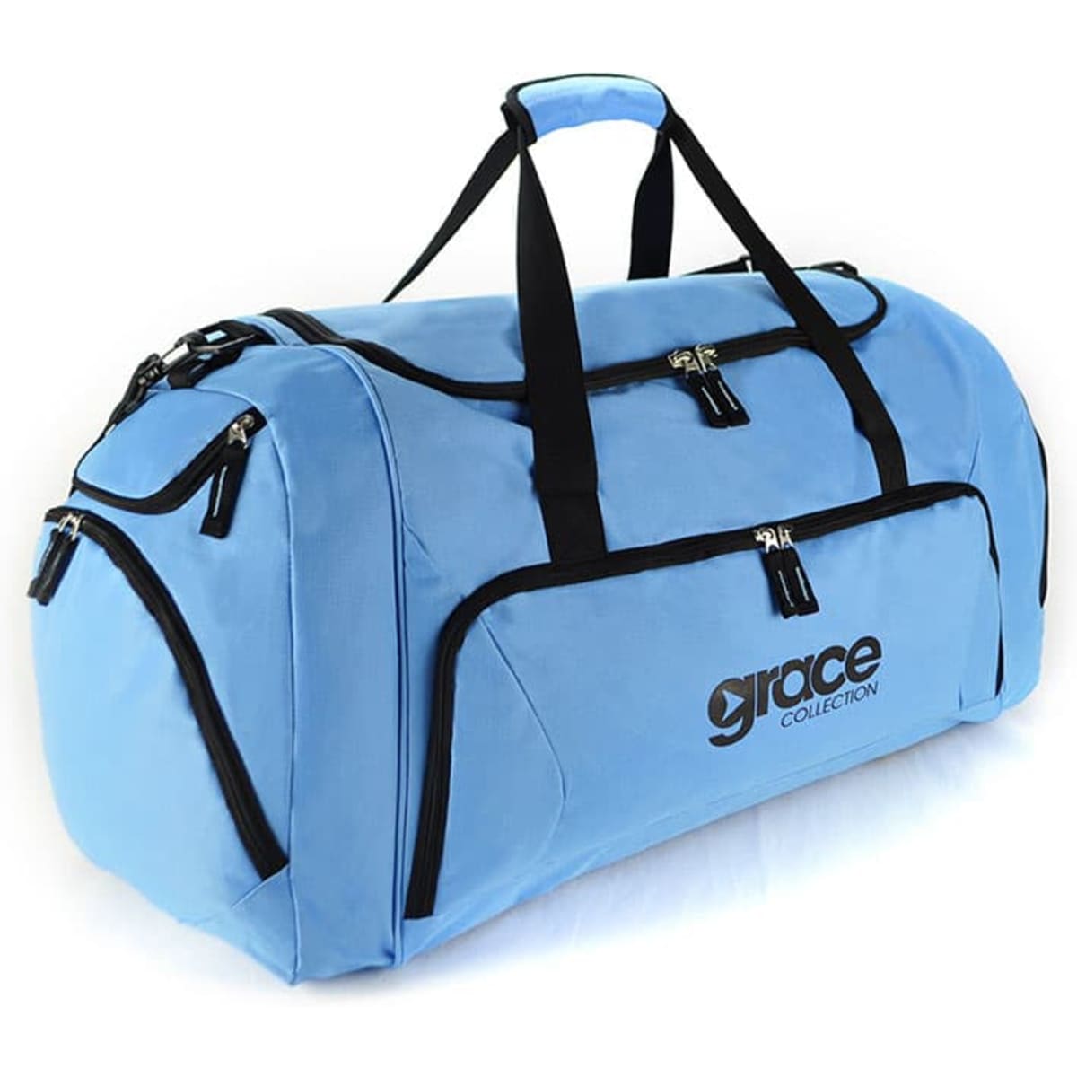 A blue duffle bag with black zippered compartments and a logo. It features two handles for carrying.