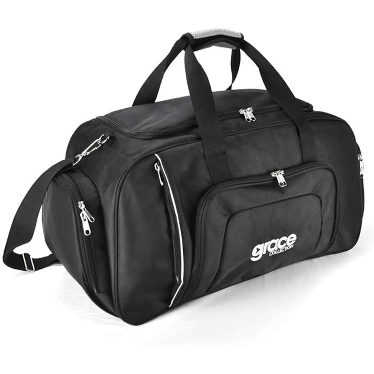 A black duffle bag with multiple zippered compartments and a shoulder strap, featuring a logo.