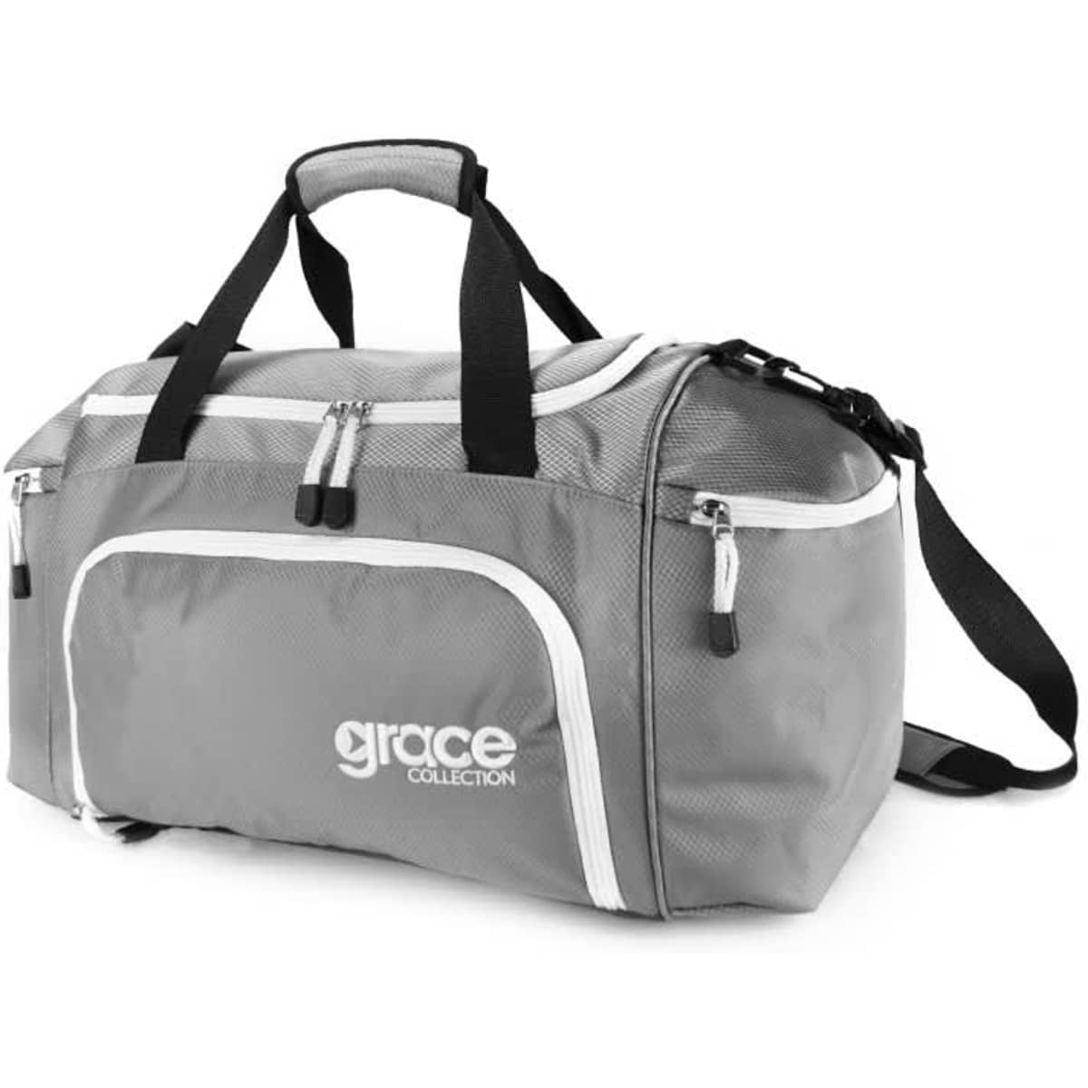 A grey duffle bag features multiple zippered compartments and a shoulder strap, with a logo on the side.