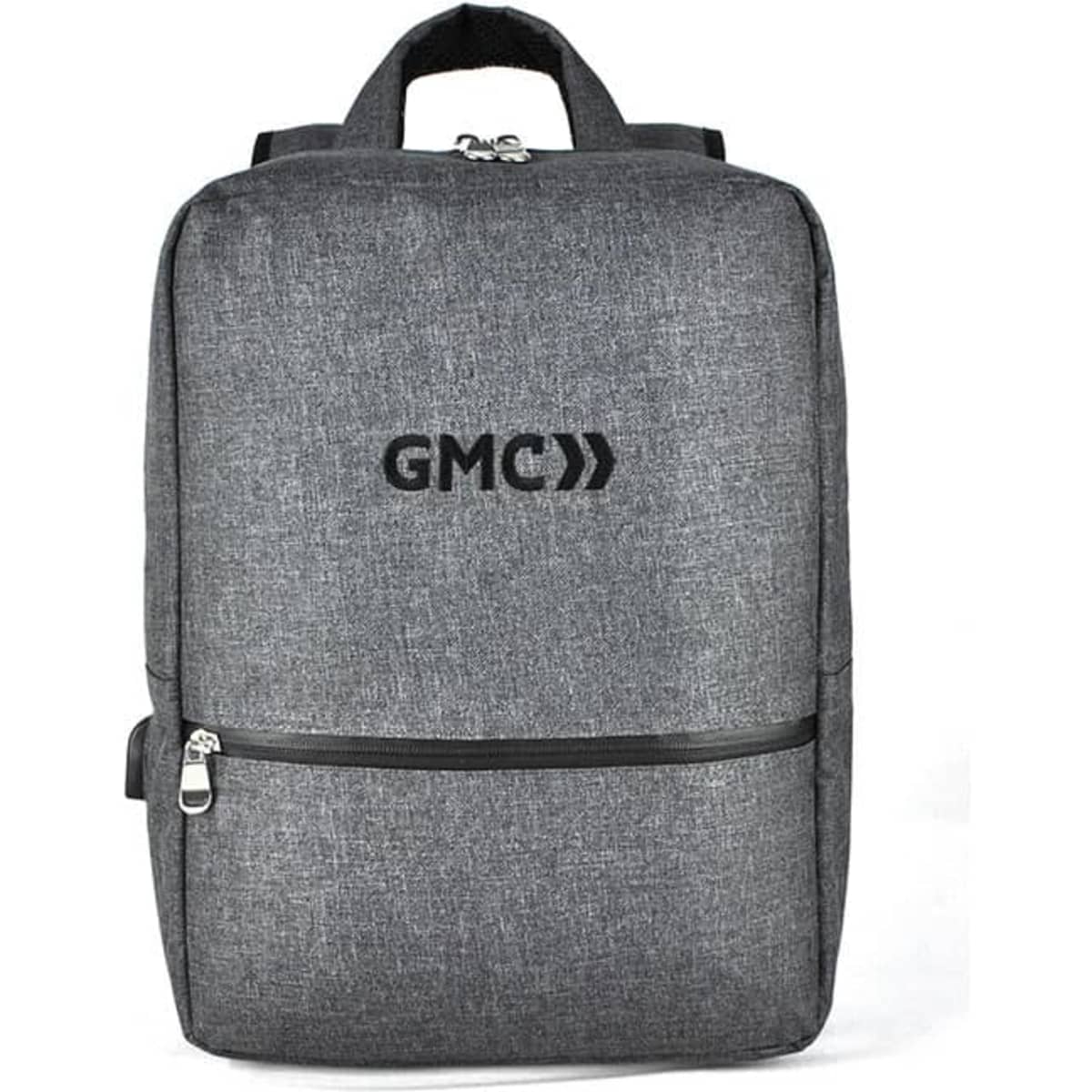 A grey backpack with a zipped front pocket and a logo, featuring a sleek, modern design.
