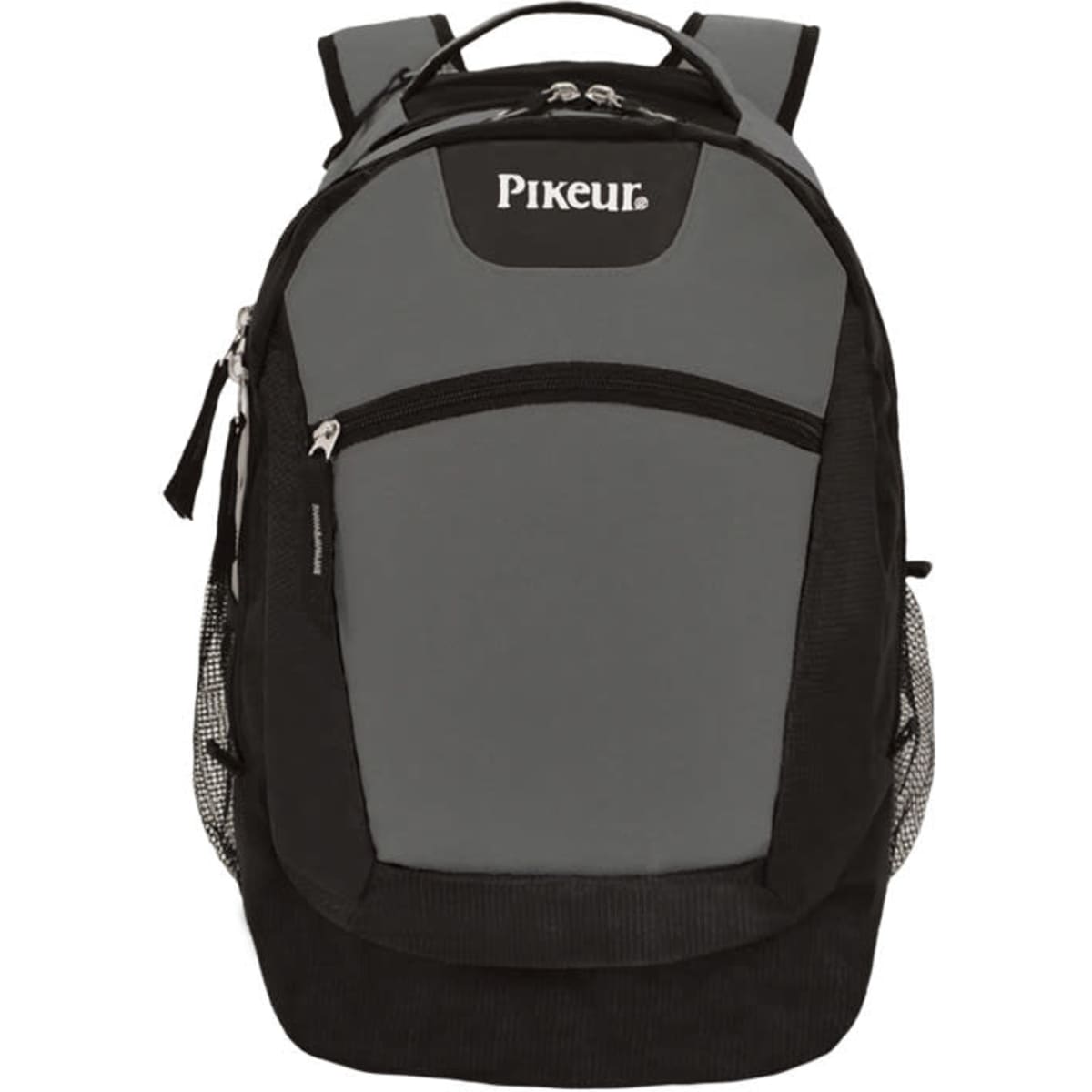 A grey and black backpack featuring multiple compartments and a logo on the front.