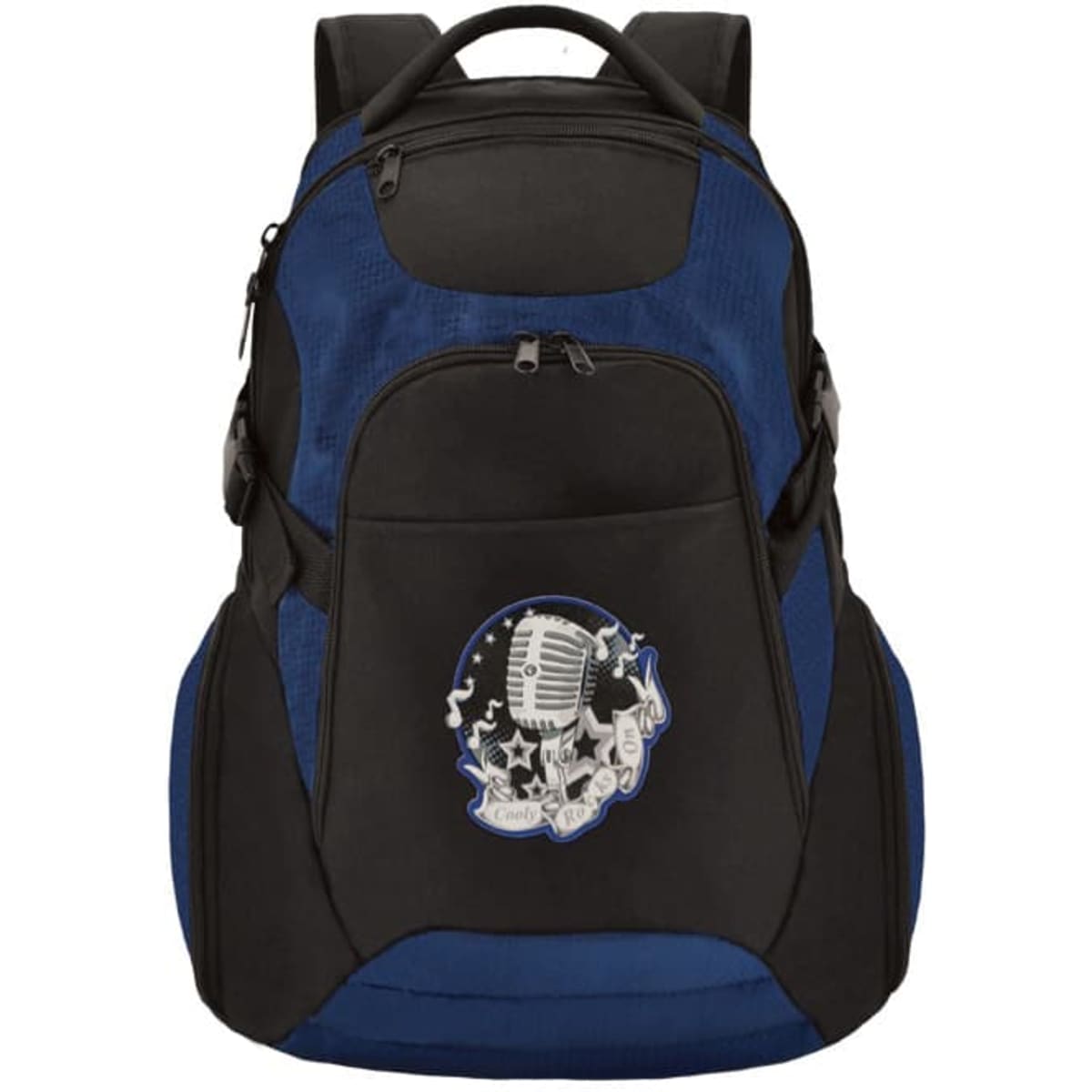 A black and navy blue backpack featuring a design with a microphone and musical elements. It has a logo on the front.