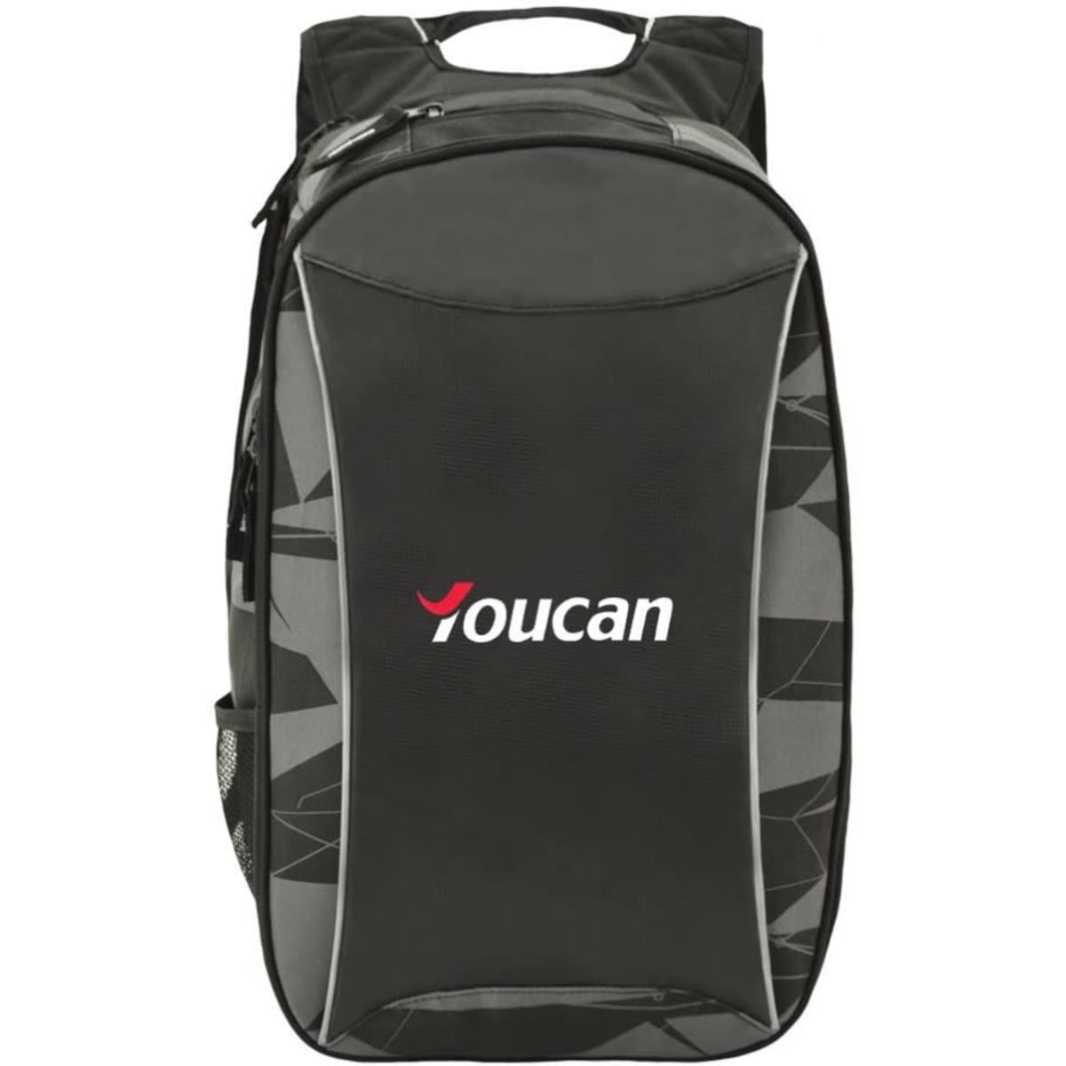 A black and grey backpack with a logo on the front and a side mesh pocket.