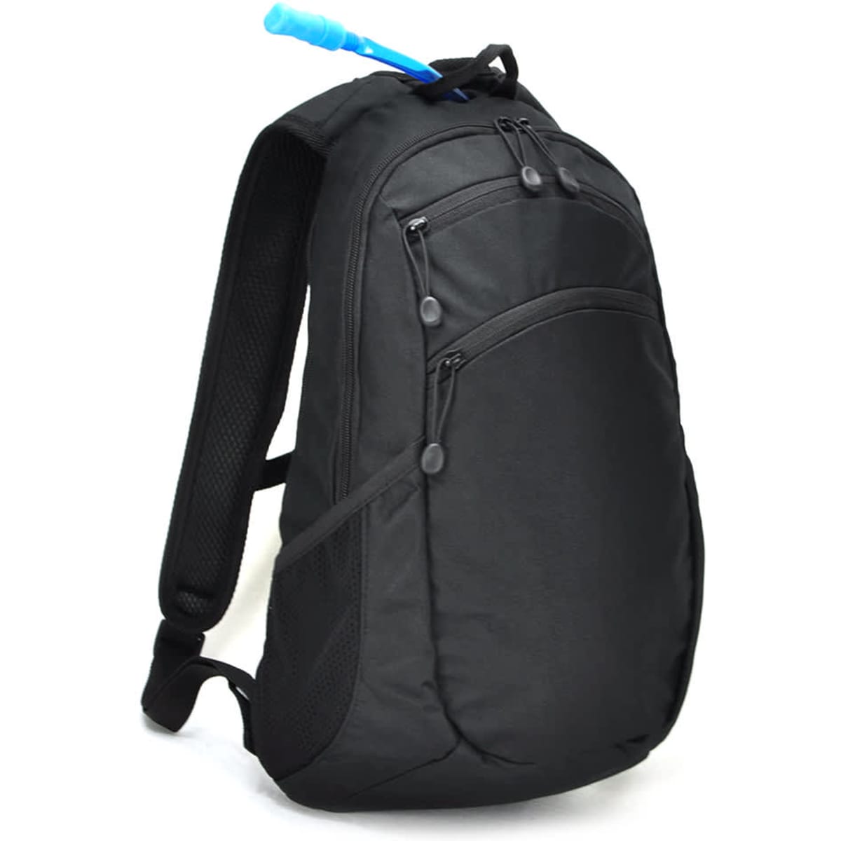 A black hydration backpack featuring adjustable straps and an integrated drink tube. It has multiple pockets and a logo.