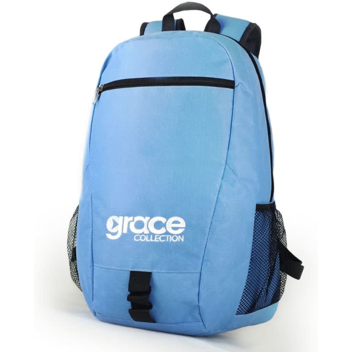 A blue backpack featuring a front zip pocket and mesh side pockets. It has a logo on the front.