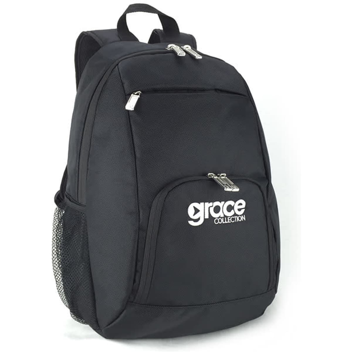 A black backpack with two zippers, a front pocket, and a side mesh pocket. It features a logo on the front.