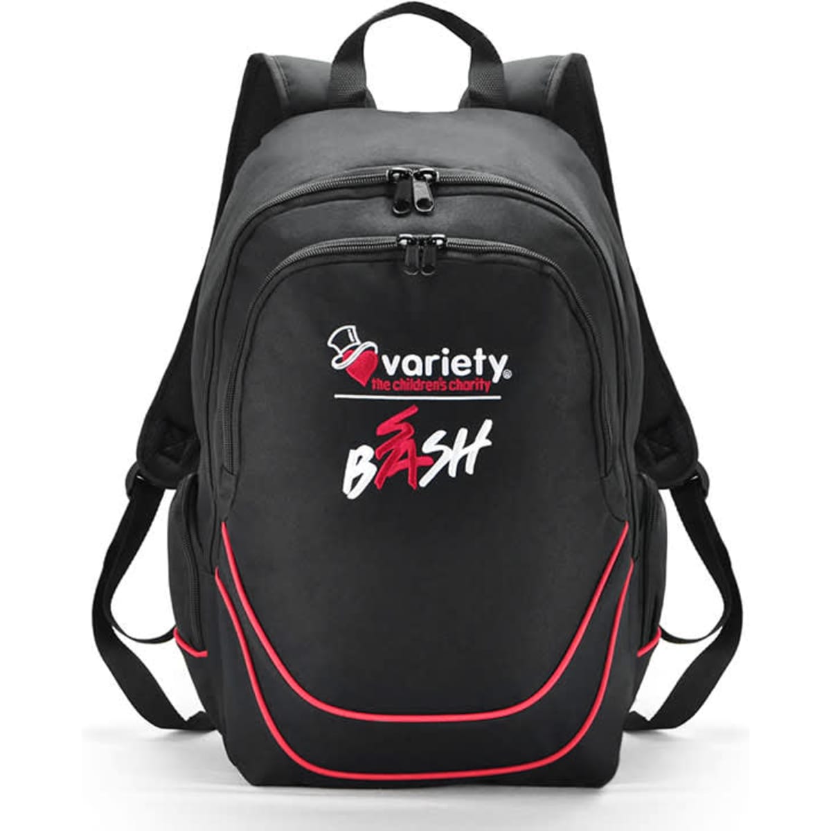 A black backpack with red accents and a logo on the front, featuring zippers and adjustable straps.