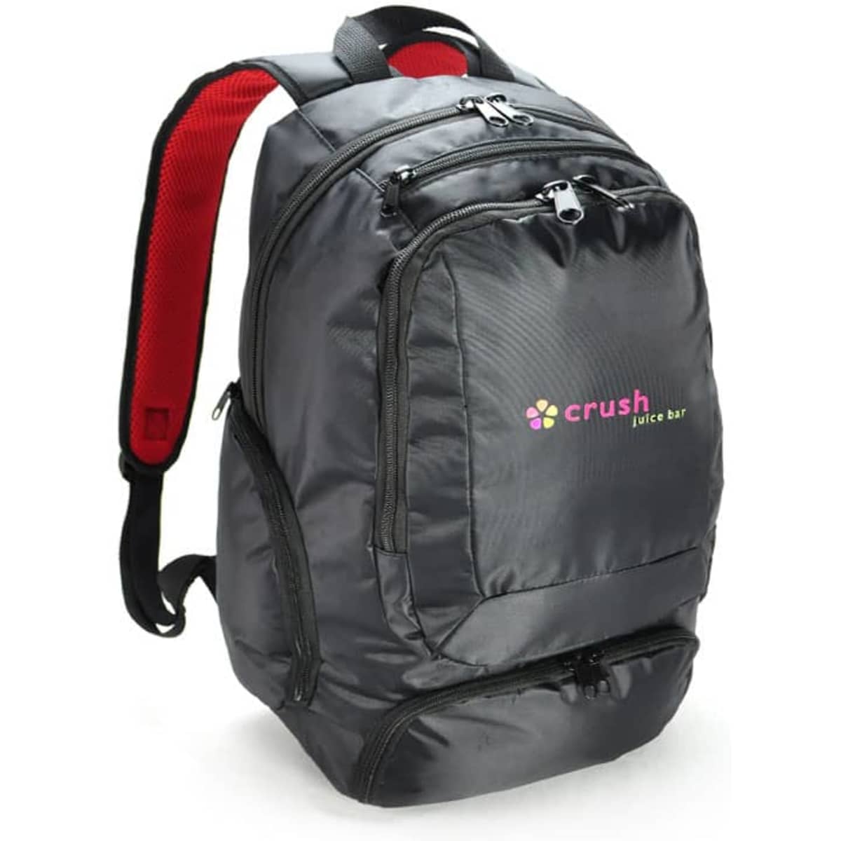 A black backpack with red accents and a logo on the front, featuring multiple compartments and padded straps.