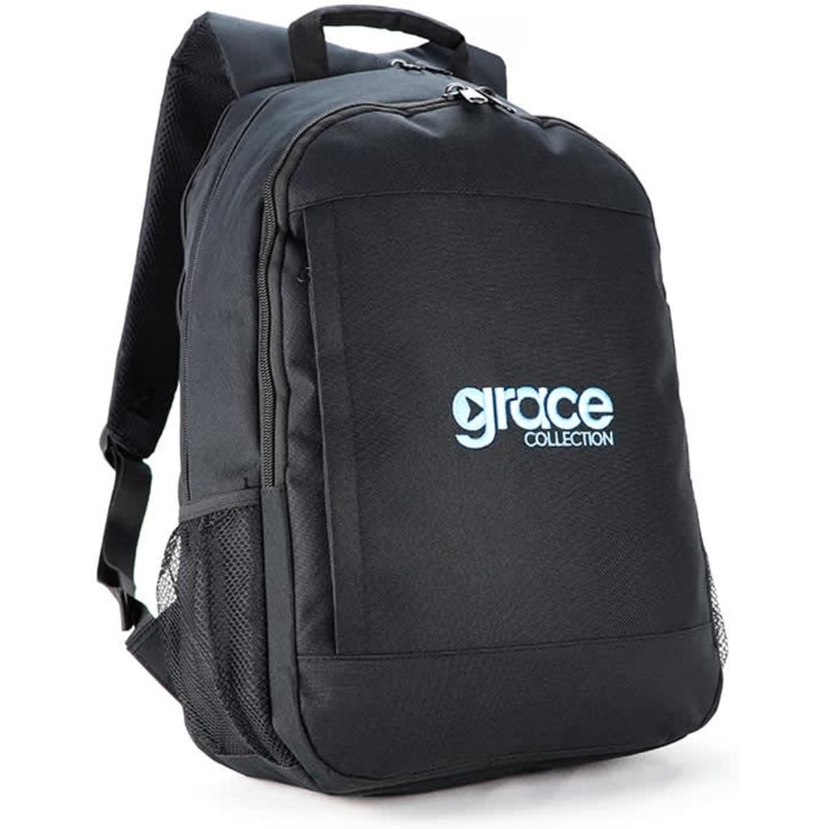 A black backpack with a zip closure, featuring a mesh side pocket and a logo on the front.