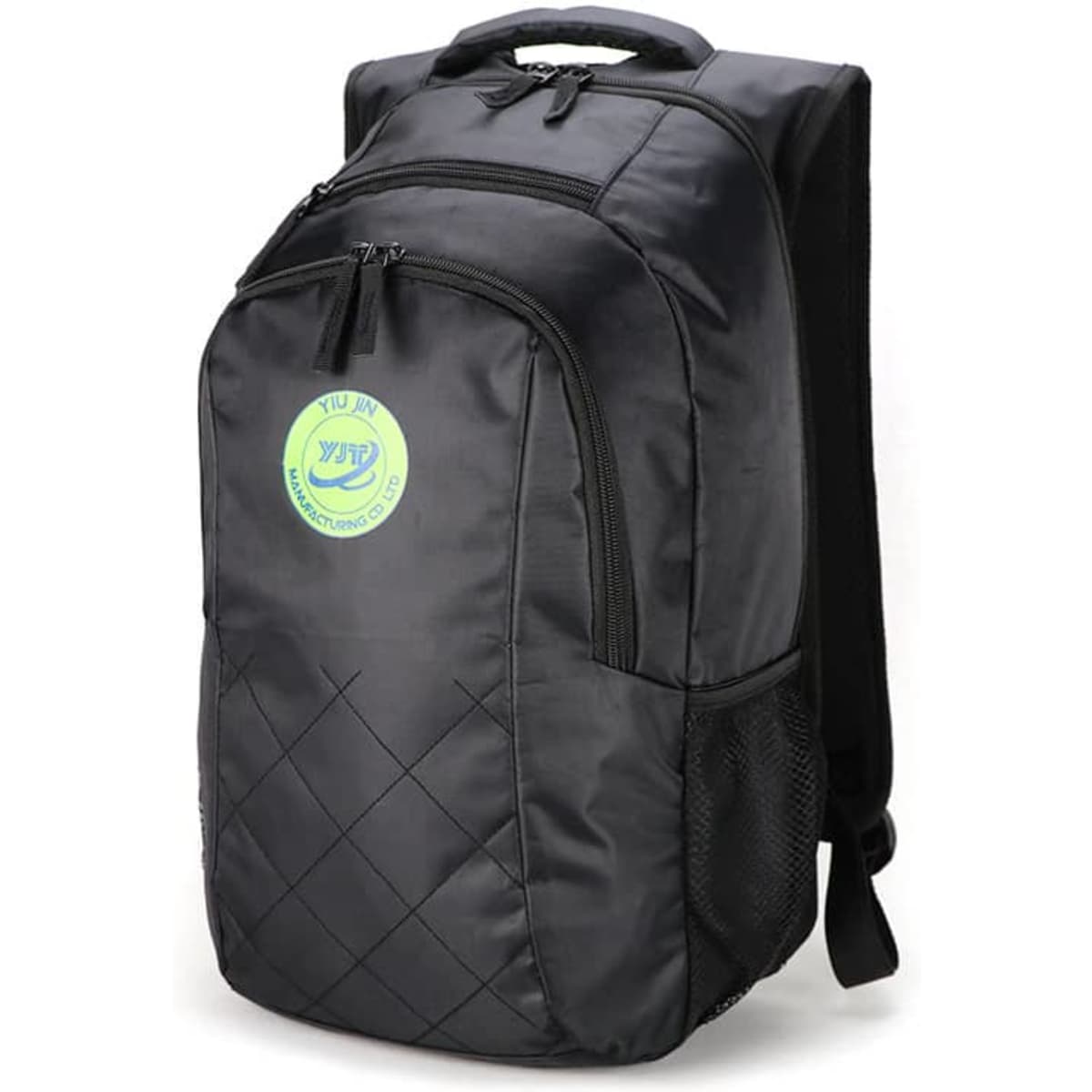 A black backpack with a textured design and a side mesh pocket, featuring a logo on the front.