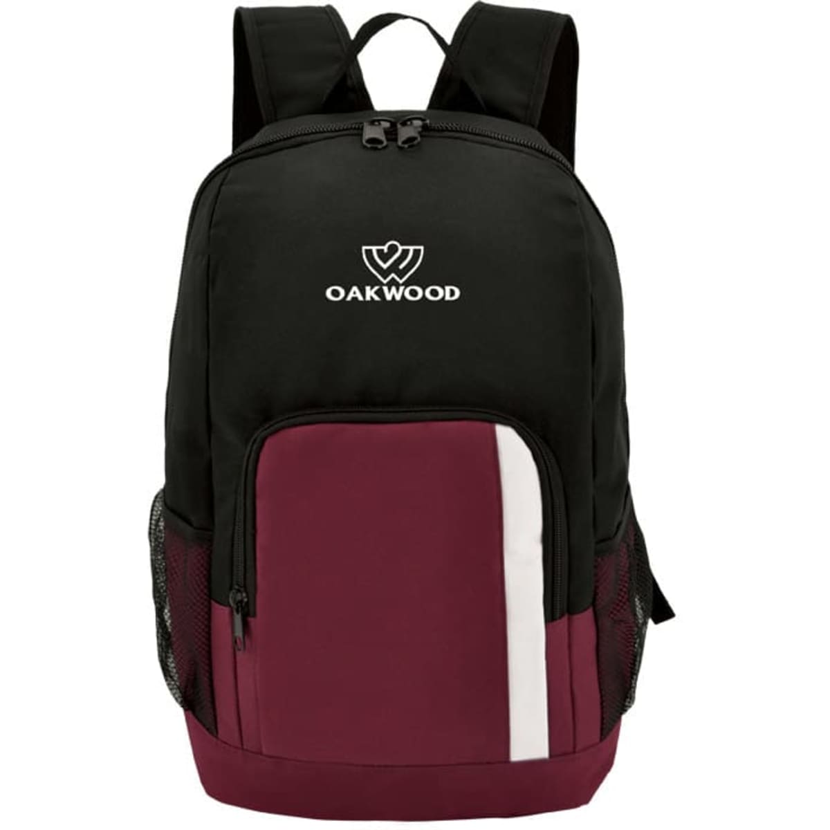A black and maroon backpack featuring a front pocket and mesh side pockets, with a logo on the front.