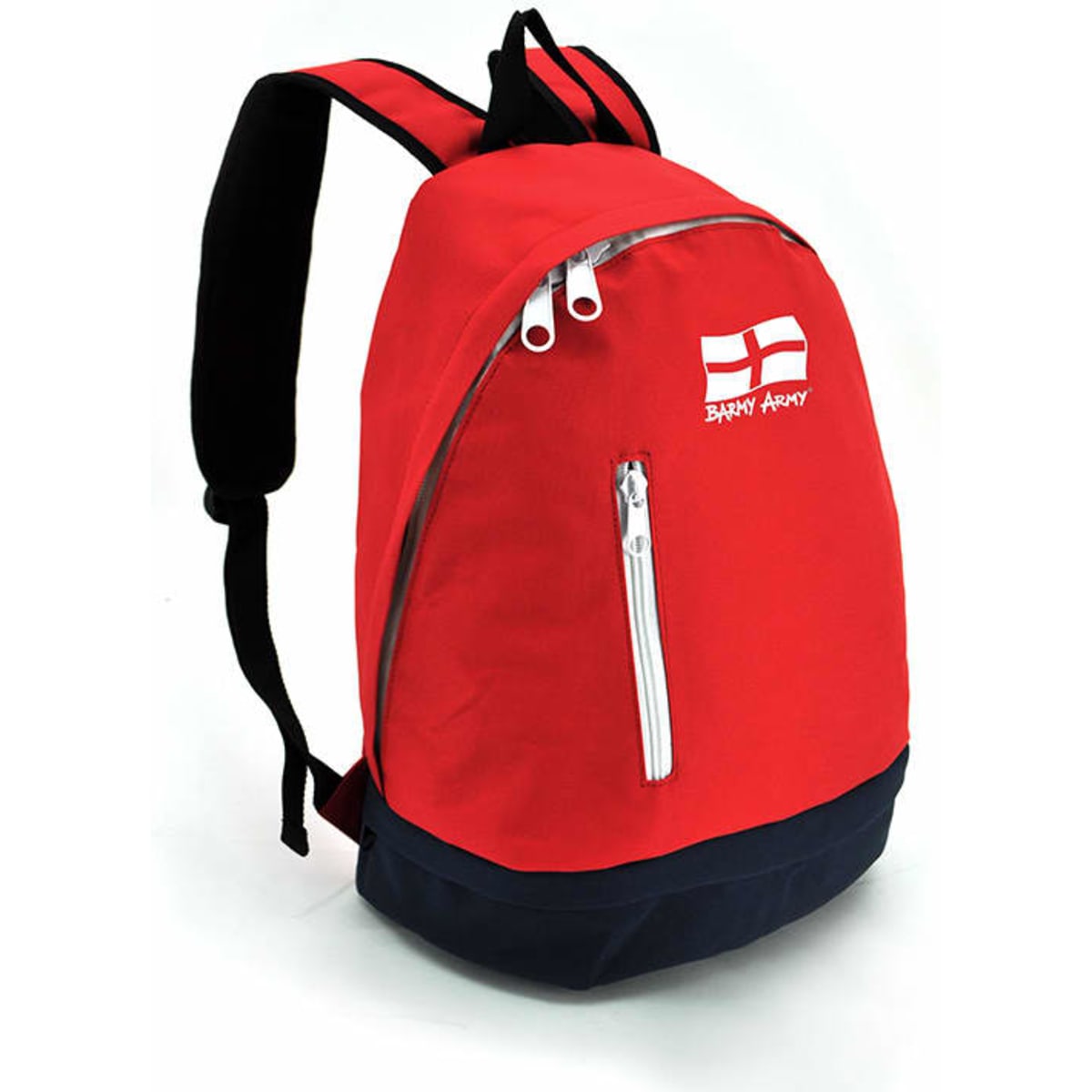 A red and navy backpack with a front pocket and a logo. Features adjustable black straps.